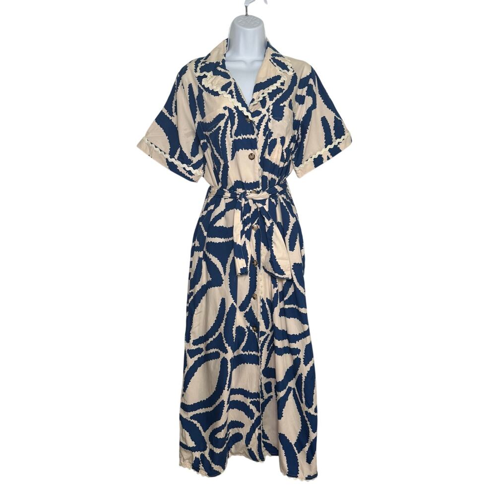 Dress Forum Blue White Maxi Dress Button Front Size MED Pockets Rik Rak Collar